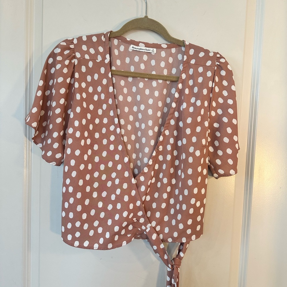 Abercrombie & Fitch Polka Dot Brown & White Wrap Puff Sleeve Tie Side Top,Small